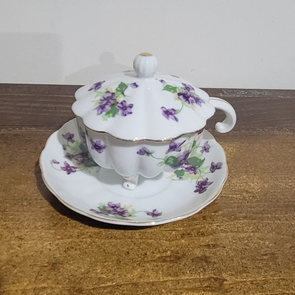 Vintage Norcrest Fine China Violets Sugar Bowl Lid Spoon Under Plate Japan
